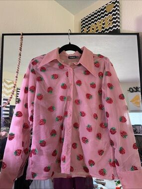 Lirika Matoshi Pink Strawberry Sequin Button-Up Shirt